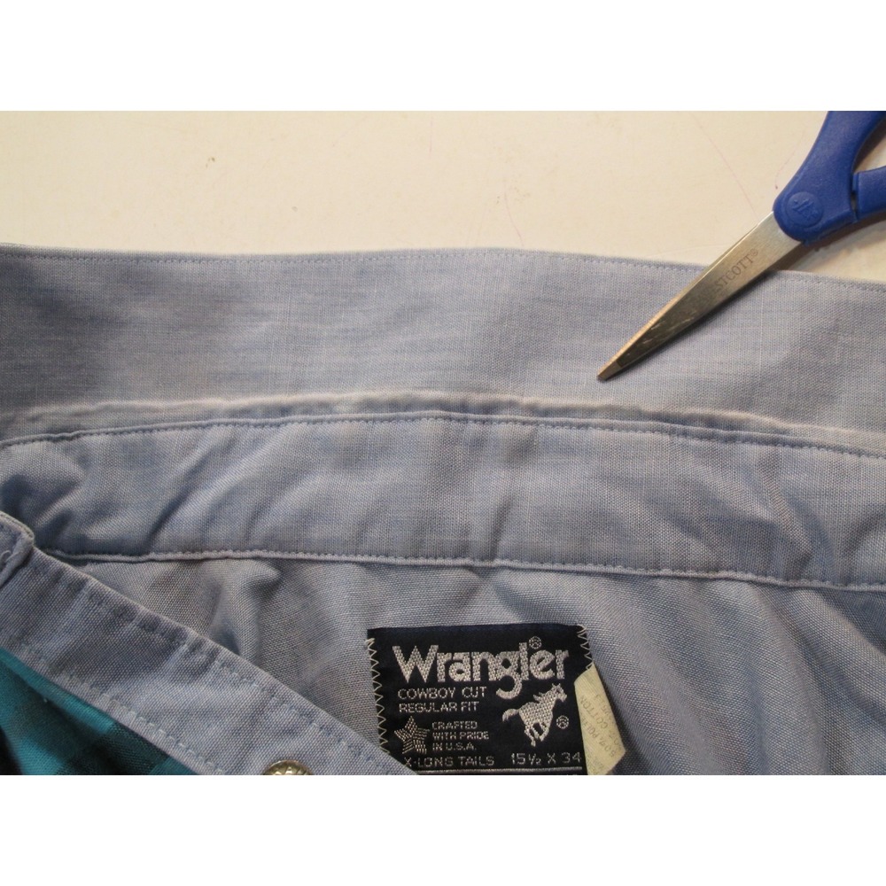 Wrangler Cowboy Cut Western Pearl Snap Shirt Mens 15.5x34 Blue Plaid Yoke VTG - Picture 16 of 16